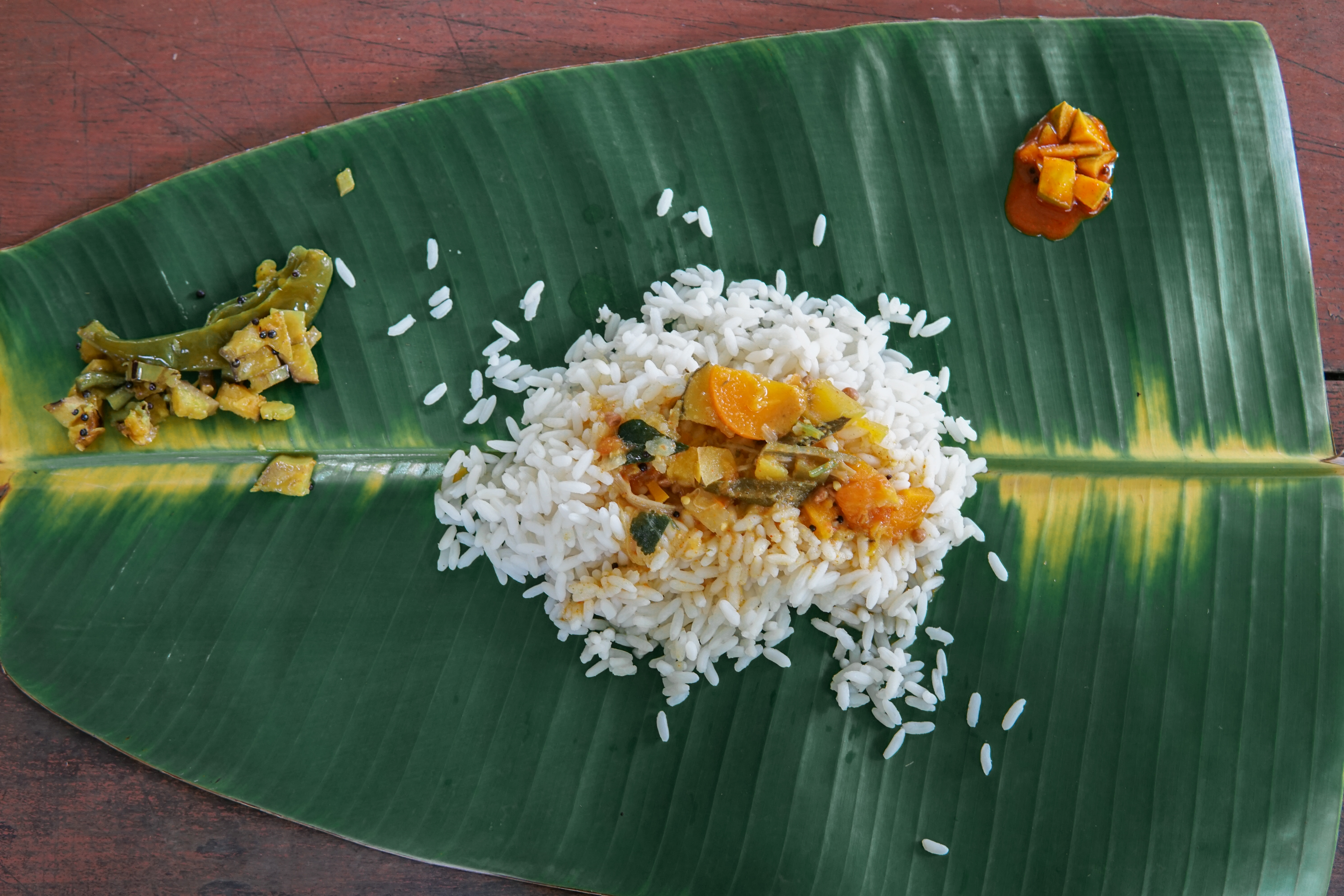 thali meal, banana leaf, food, kerala, kochi