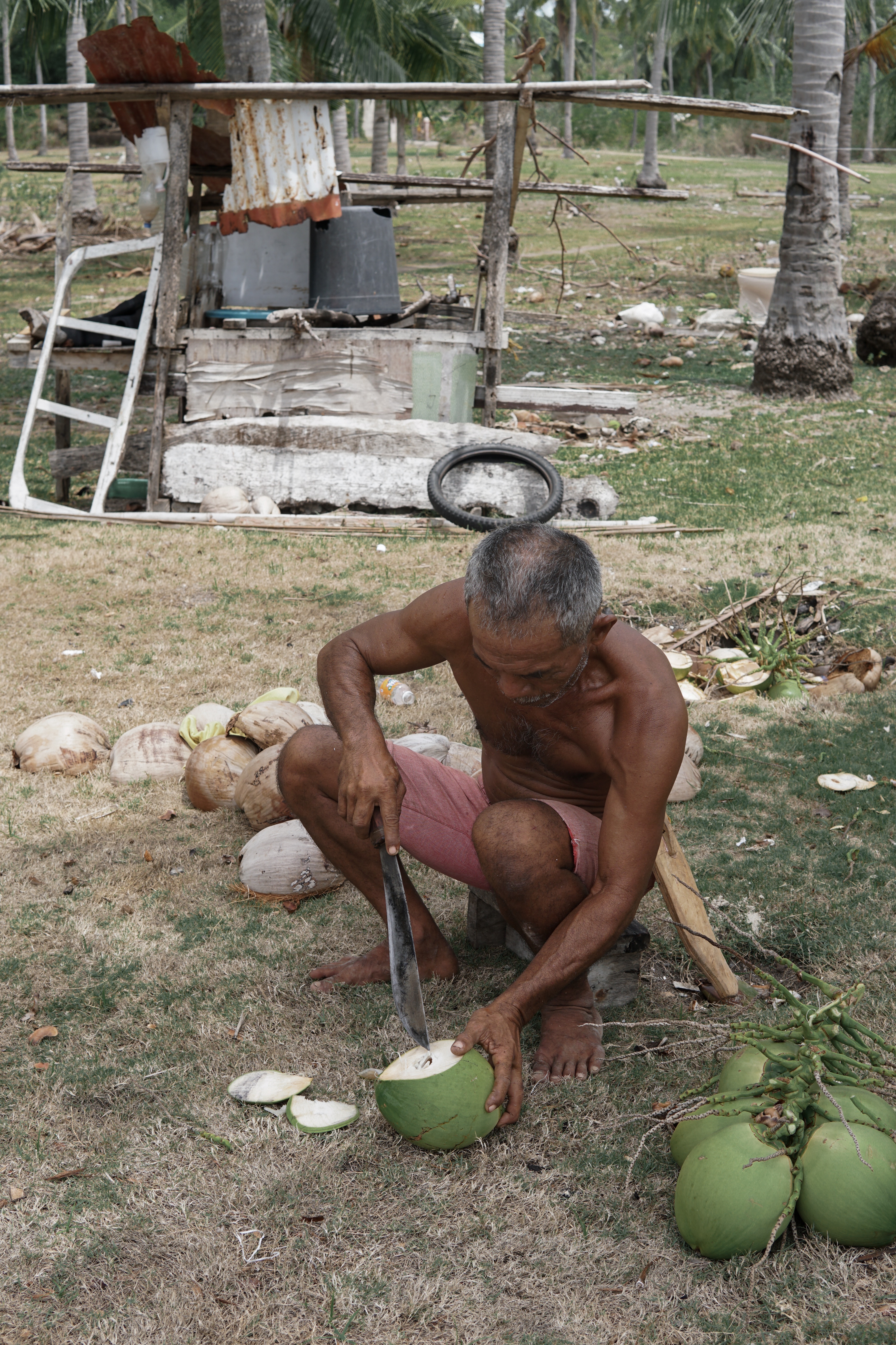man opening a coconut