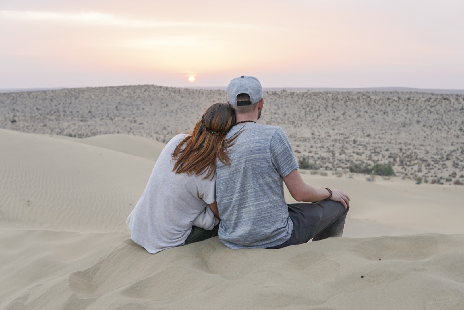 couple, sunset, sand dunes, travel, desert, India